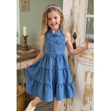 Kız Mavi Düğmeli Kot Elbise